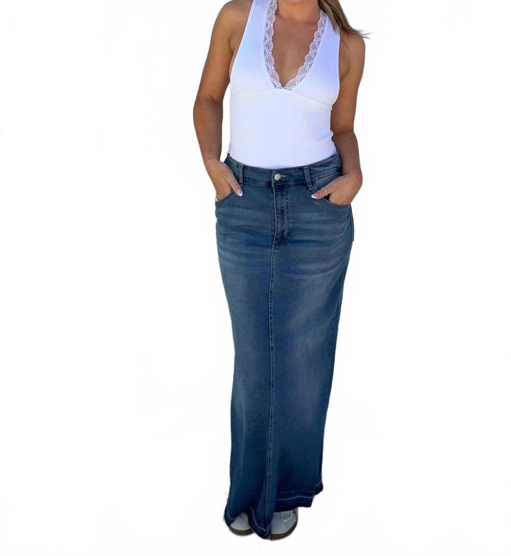 NEW SANS SOUCI baseline denim maxi skirt in medium wash